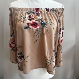 YOINS  Tan Floral 3/4 Sleeve Off the Shoulder Smocked Blouse with Split Back